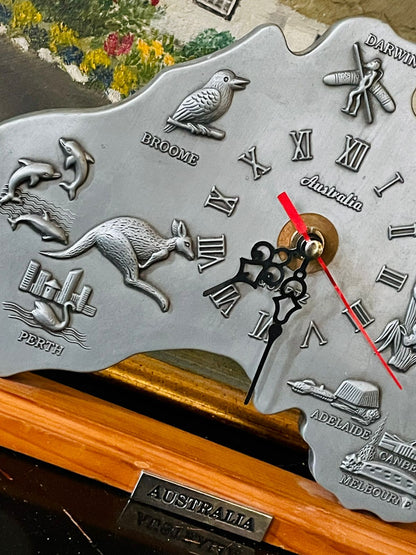 Australia Map Souvenir Table Clock – Roman Numerals | Silver Tone | Collectible Decor