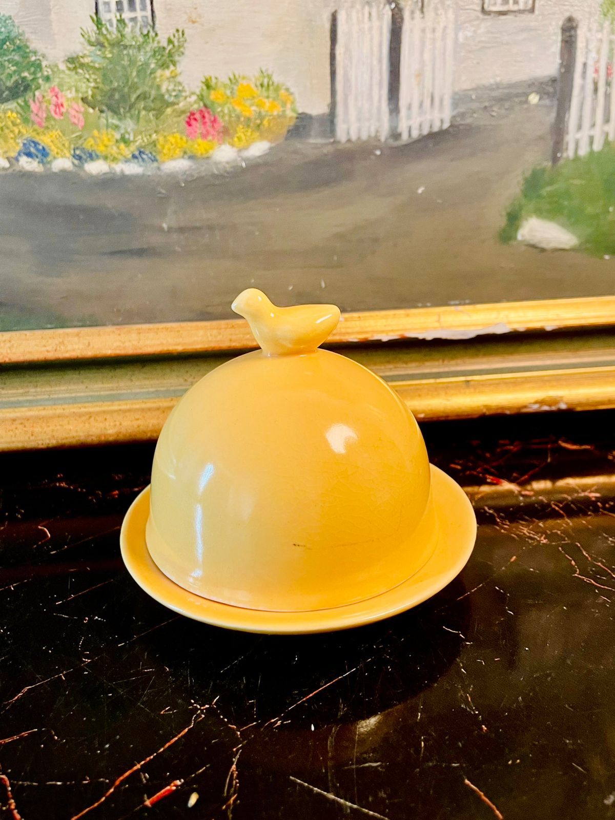 Vintage Yellow Ceramic Butter Dish with Bird Handle Lid – Cottage Kitchen Tableware