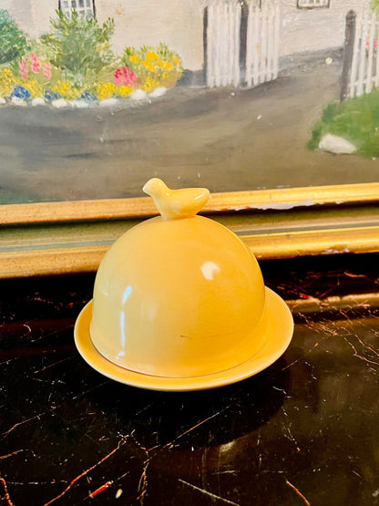 Vintage Yellow Ceramic Butter Dish with Bird Handle Lid – Cottage Kitchen Tableware