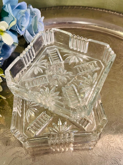 Vintage Square Pressed Crystal Dishes Pair – 10 cm Starburst Design