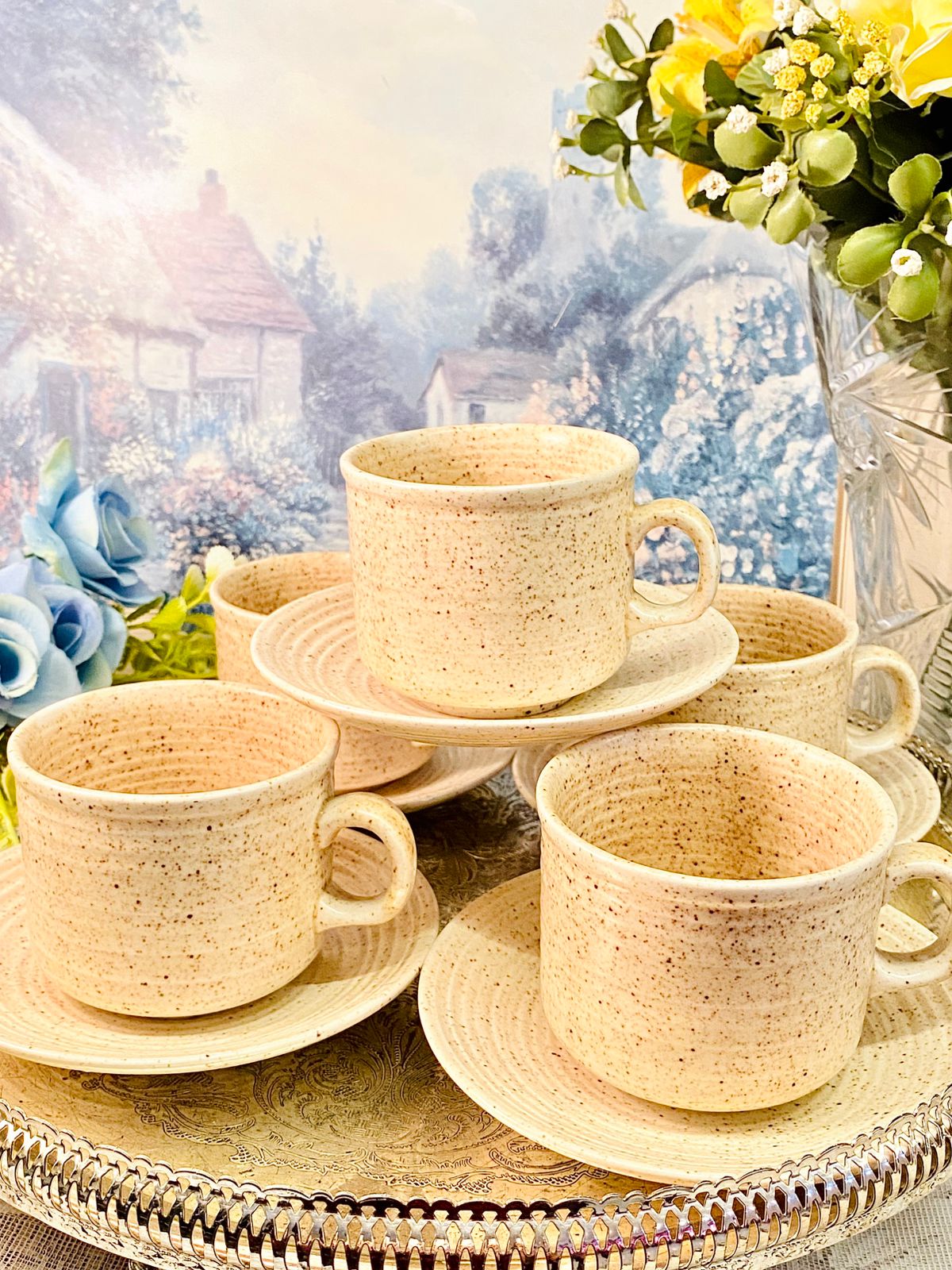Churchill Stonecast Homespun  Cups & Saucers  Set of 4 Vintage