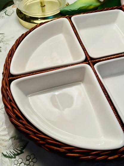 Artisan Valencia 6-Piece White Serving Dish Set with Wicker Tray