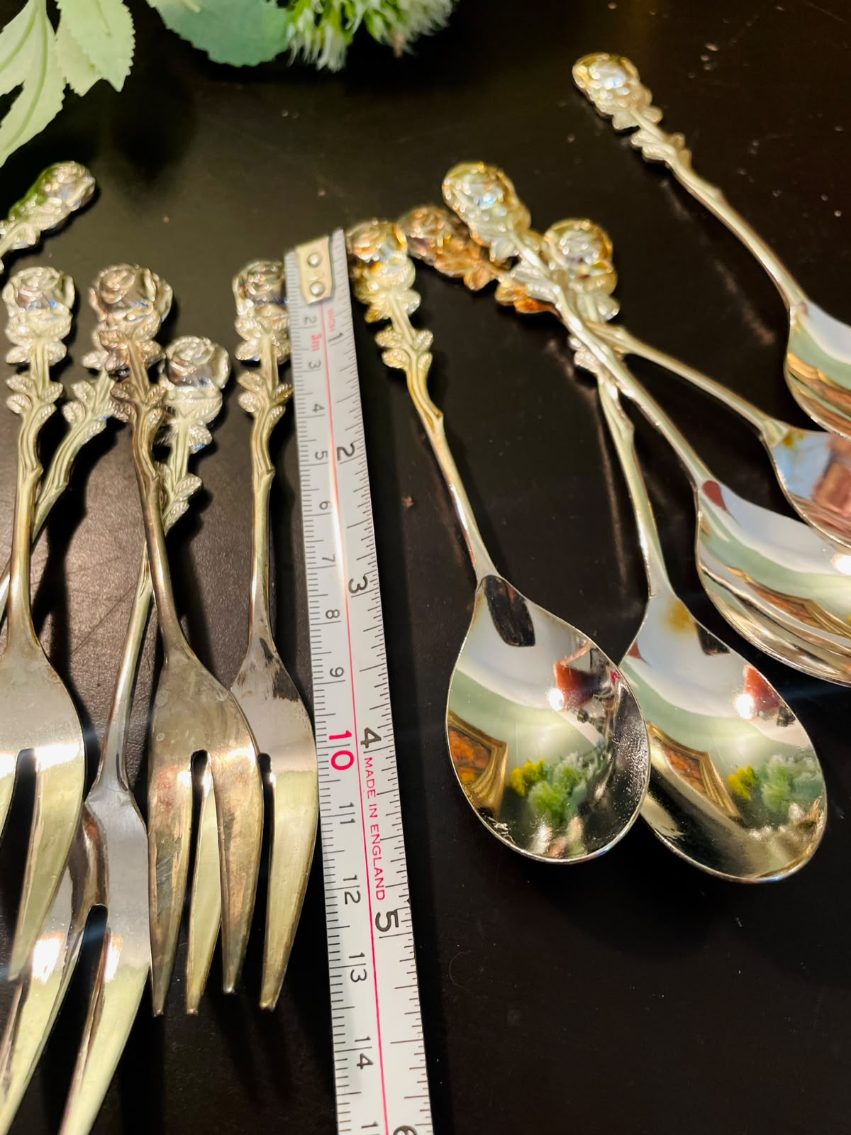 Vintage Rose Handle Appetizer Spoon & Fork Set 5 Inch Silver Plated Flatware