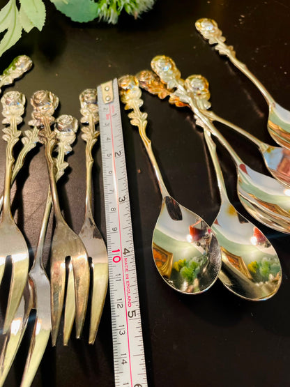 Vintage Rose Handle Appetizer Spoon & Fork Set 5 Inch Silver Plated Flatware