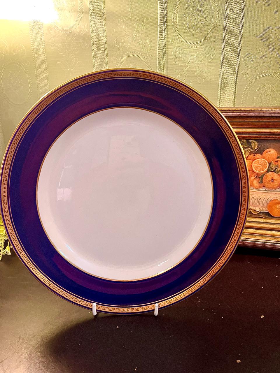 Cobalt Blue and White Porcelain Serving Platter with Gold Greek Key Border – 10 Inch