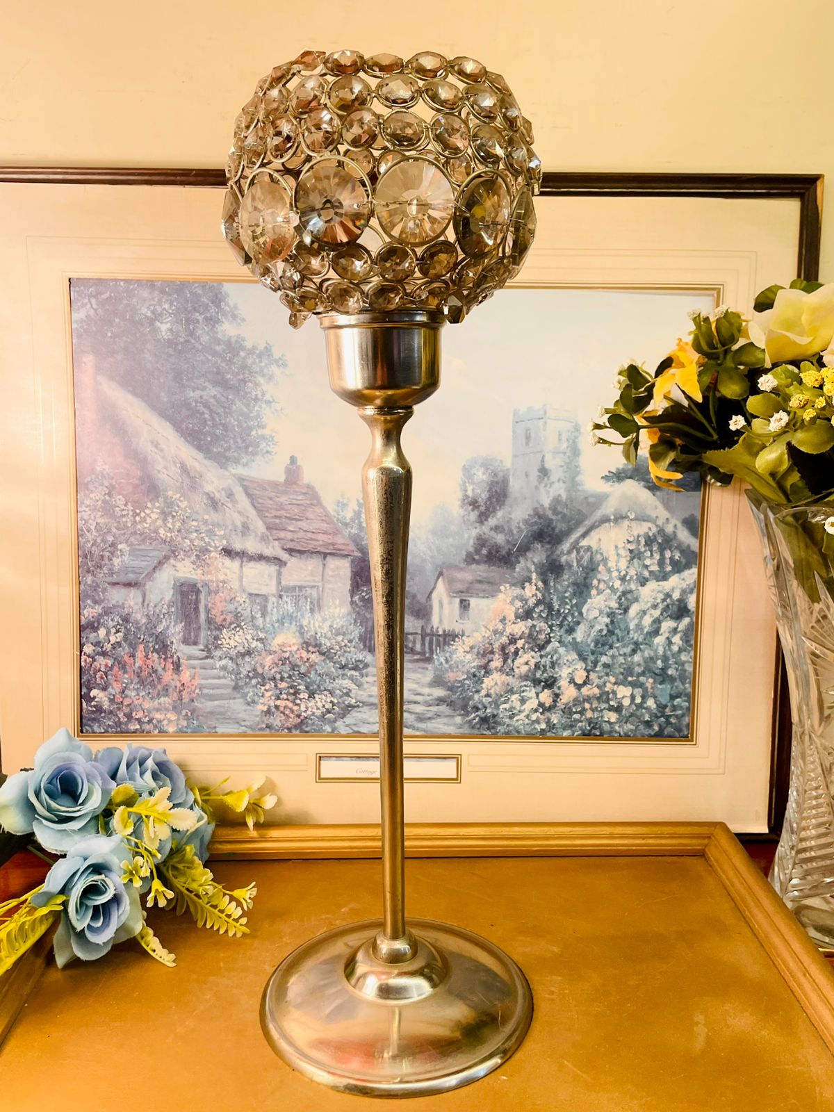 Vintage Crystal Globe Candle Stand Gold Finish