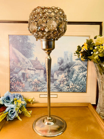 Vintage Crystal Globe Candle Stand Gold Finish