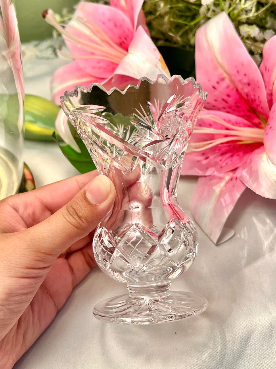 Vintage Clear Crystal Footed Vase – Approx. 4.5 Inch