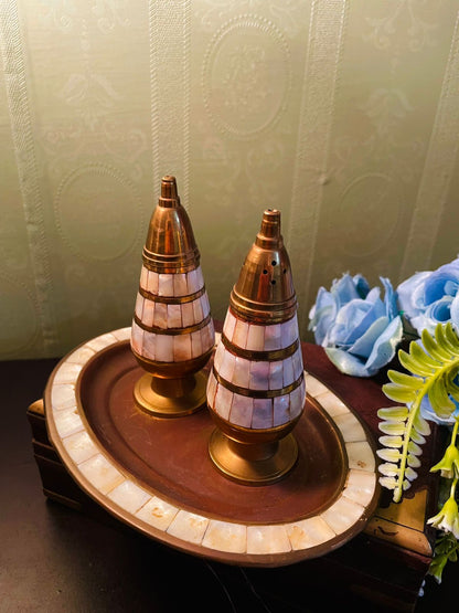 Vintage Brass Mother of Pearl Salt Pepper Set