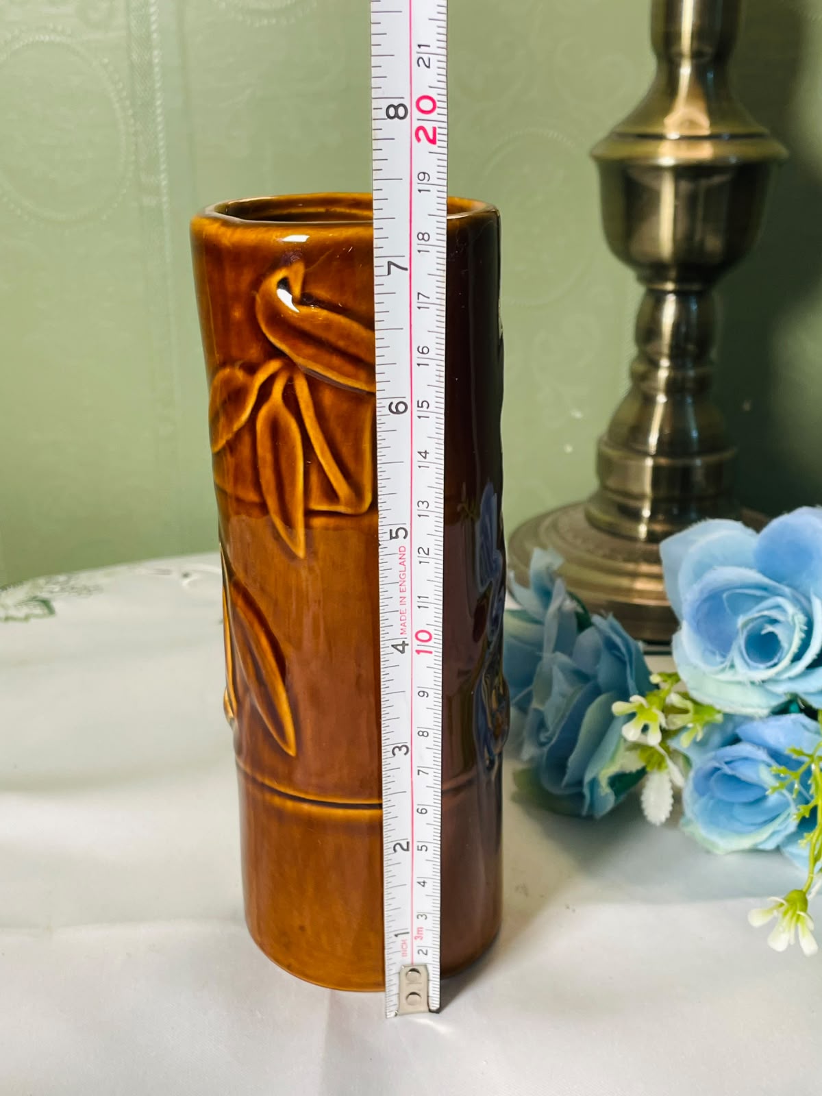 Vintage Brown Bamboo-Relief Ceramic Vase 18 cm