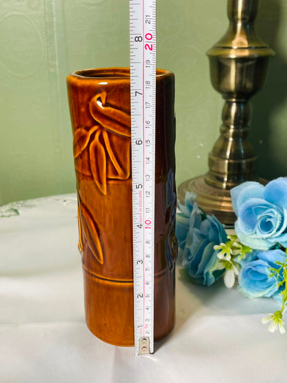 Vintage Brown Bamboo-Relief Ceramic Vase 18 cm