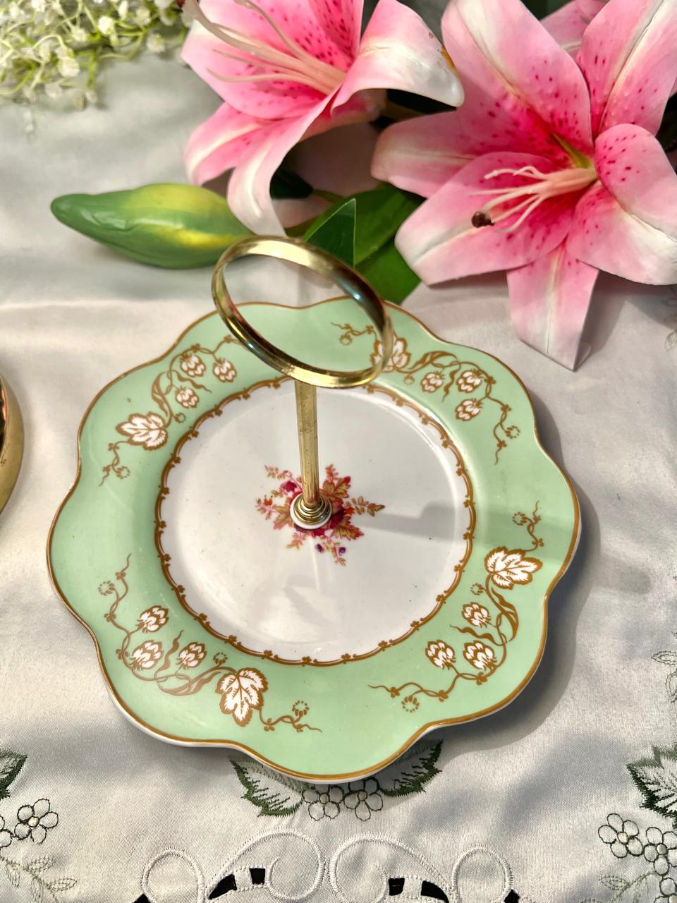 Mint Green Floral Handled Serving Tier Platter 8 in Made in England