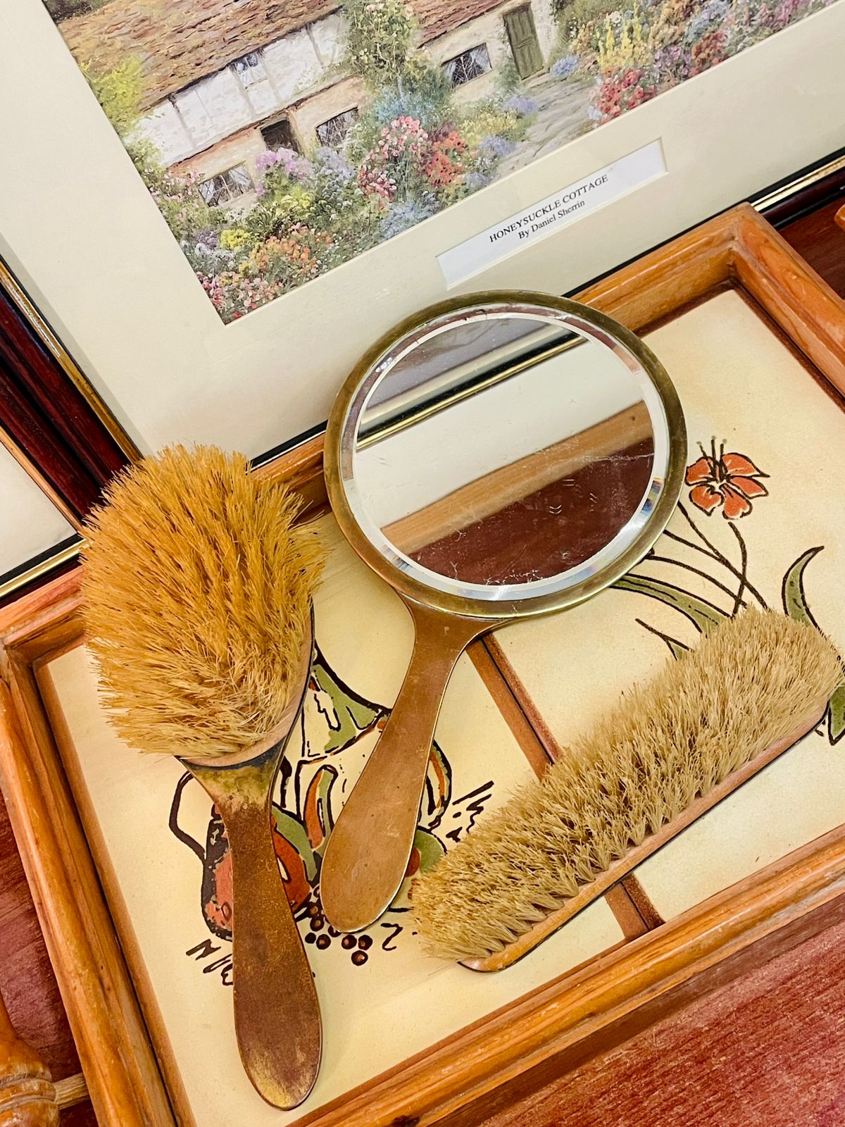 vintage vanity set, vintage mirror, vintage brush set, dressing table set, guilloche style, antique vanity decor, retro beauty set, collectible grooming set, natural bristle brush, vintage pink decor, home decor, photo prop