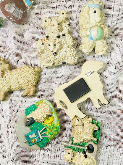 Vintage Sheep & Lamb Figurine Fridge Magnets – Cottage Set of 6