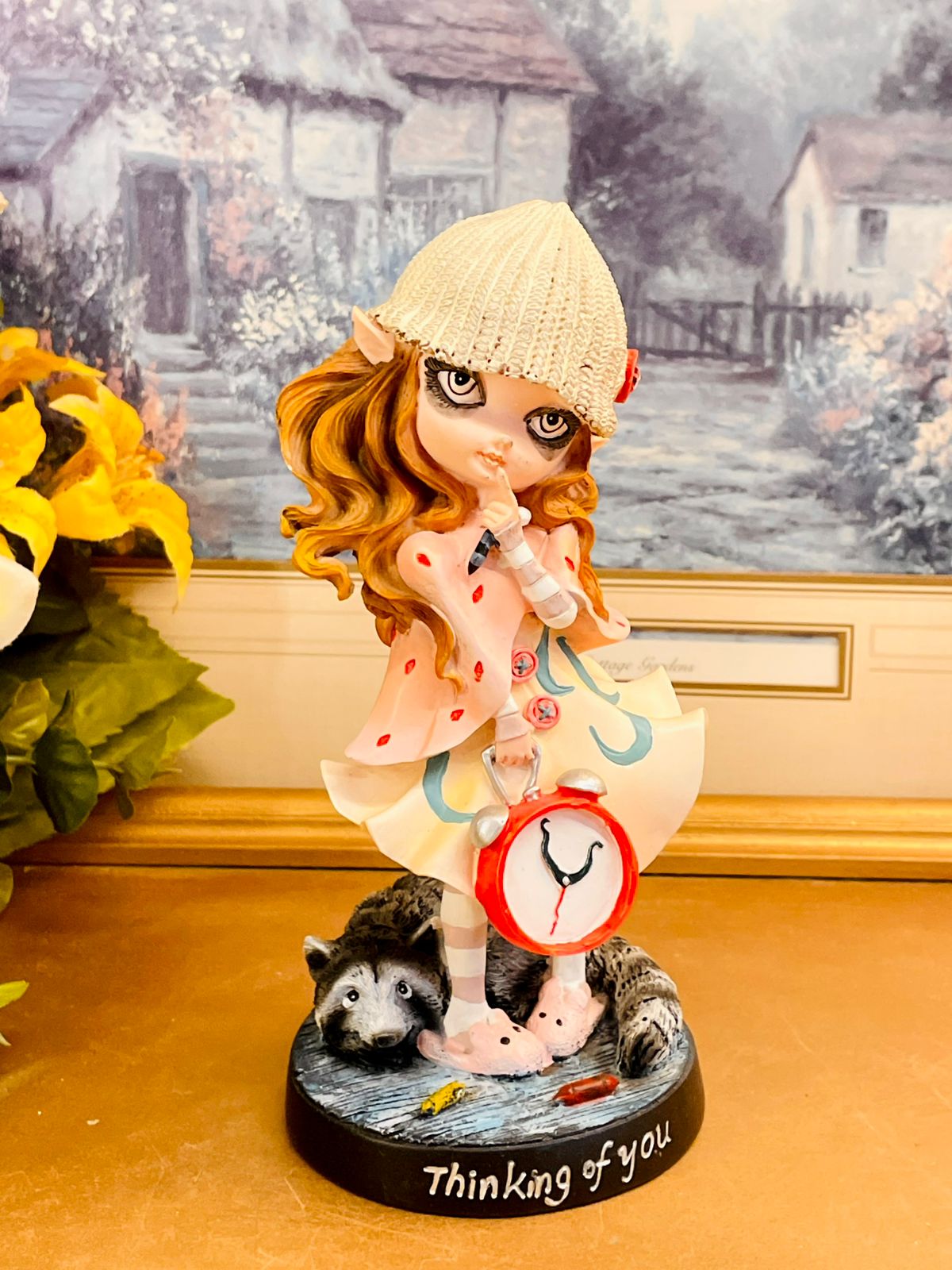 Nemesis Now “Thinking of You” Gothic Girl Figurine with Clock & Raccoon – Collectible Ornament