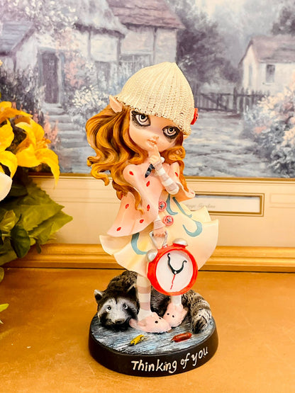 Nemesis Now “Thinking of You” Gothic Girl Figurine with Clock & Raccoon – Collectible Ornament