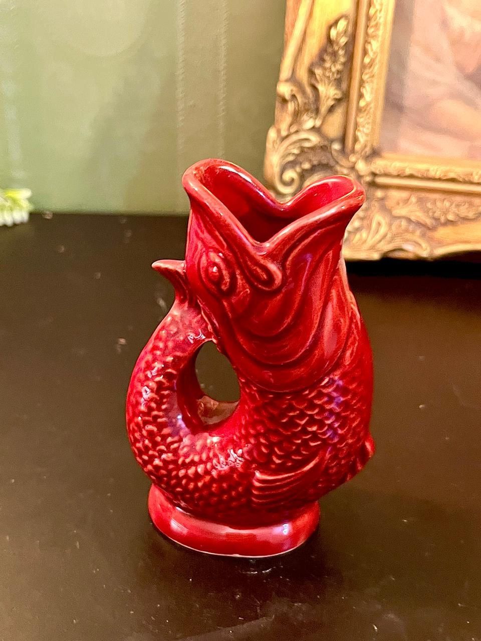 Vintage Red Ceramic Gluggle Fish Vase 5 Inch