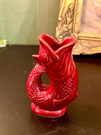 Vintage Red Ceramic Gluggle Fish Vase 5 Inch