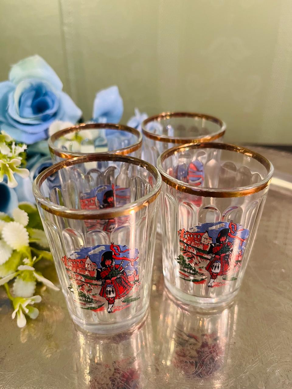 Vintage Scottish Piper Glasses Set of 4 – 9 cm Gold Rim