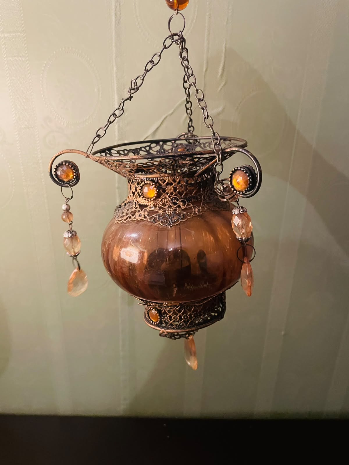 Vintage Amber Hanging Lantern Candle Holder
