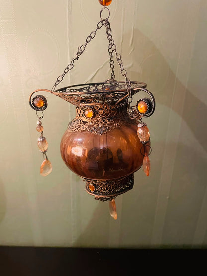 Vintage Amber Hanging Lantern Candle Holder