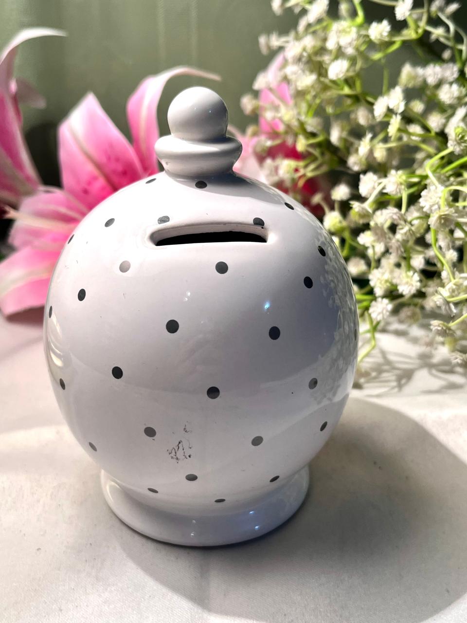 White Ceramic 18th Birthday Coin Bank Black Polka Dot 5.25 Inch