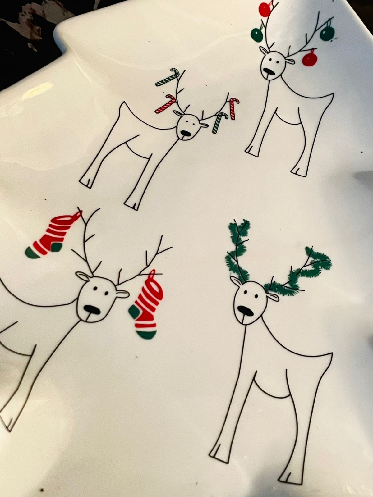 Christmas Tree Shaped Porcelain Serving Plate – Festive Reindeer Holiday Dish