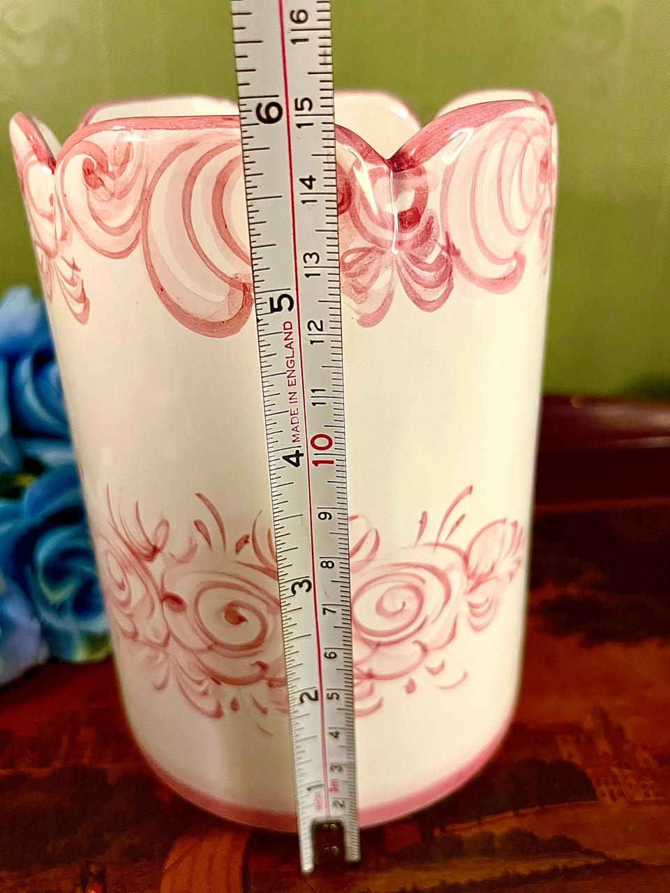 Vintage Pink Hand Painted Floral Ceramic Vase 15 cm Scalloped Rim