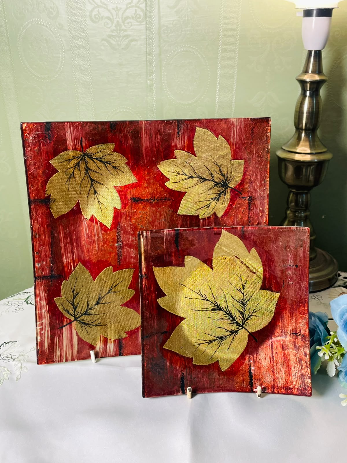 Set of 2 Red & Gold Leaf Glass Serving platter