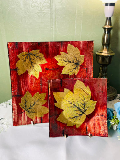 Set of 2 Red & Gold Leaf Glass Serving platter