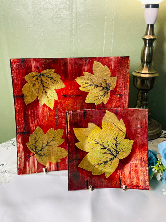 Set of 2 Red & Gold Leaf Glass Serving platter