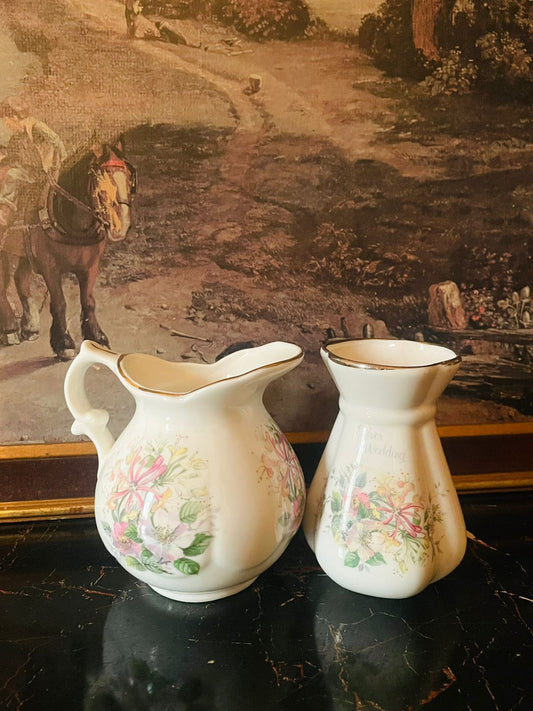 (Rare Find) Vintage English Creamer & Mini Vase Duo – Honeysuckle Floral with Gold Rim