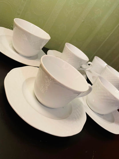 CreaTable White Porcelain Tea Cups and Saucers Set of 6