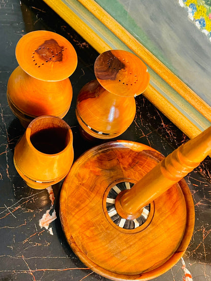 Vintage Wooden Condiment Set with Inlay – Salt, Pepper & Toothpick
