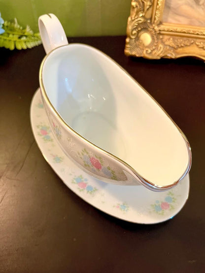 Vintage Floral Porcelain Gravy Boat Saucer 8 Inch