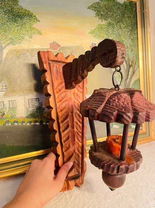 Vintage Spanish Heavy Carved Wooden Lantern on Plaque – Rare Antique Wall Décor Pakistan