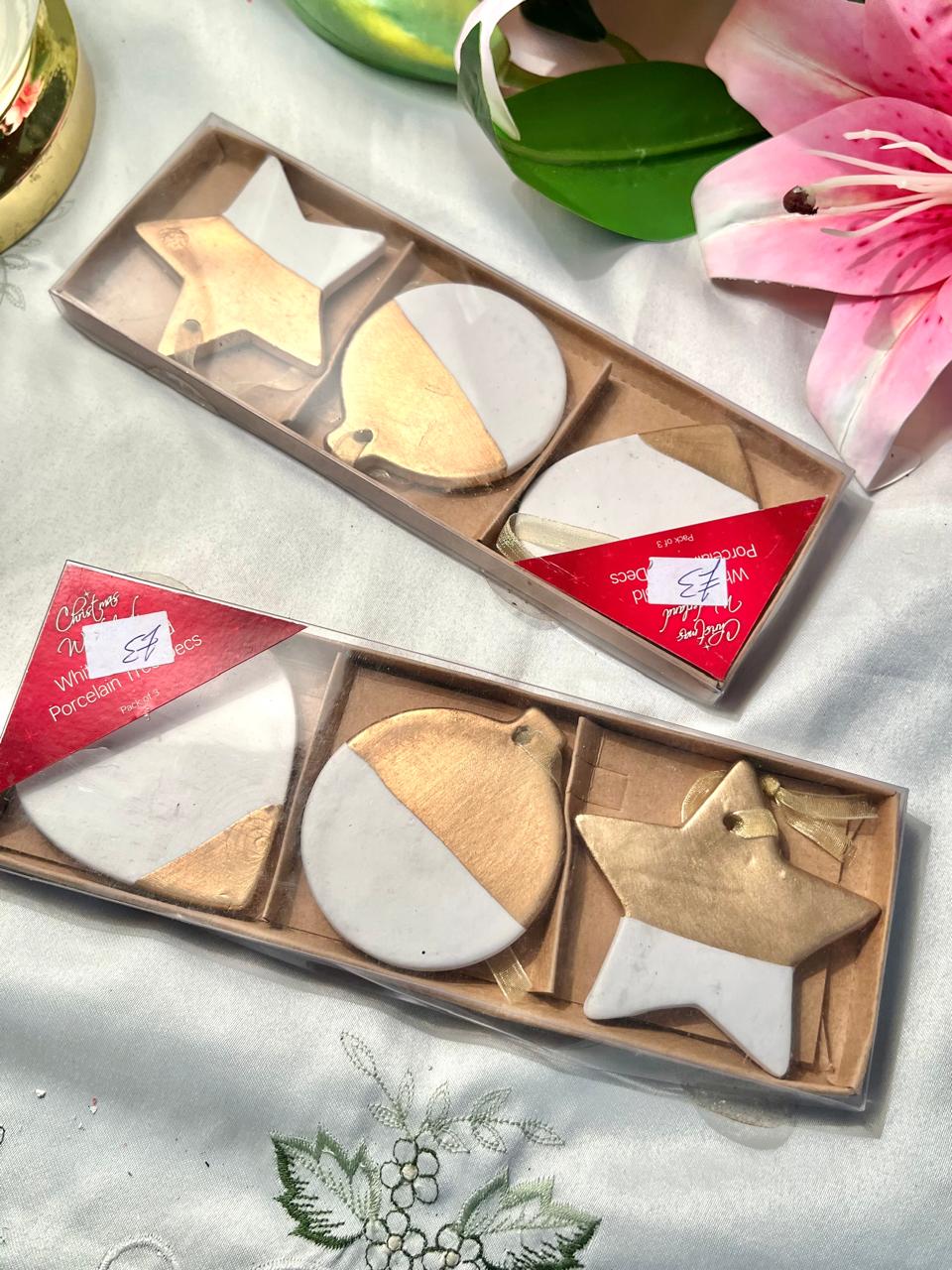 Gold & White Hanging Ornament Set – 3 Pieces