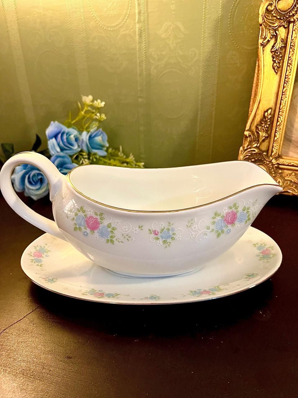 Vintage Floral Porcelain Gravy Boat Saucer 8 Inch