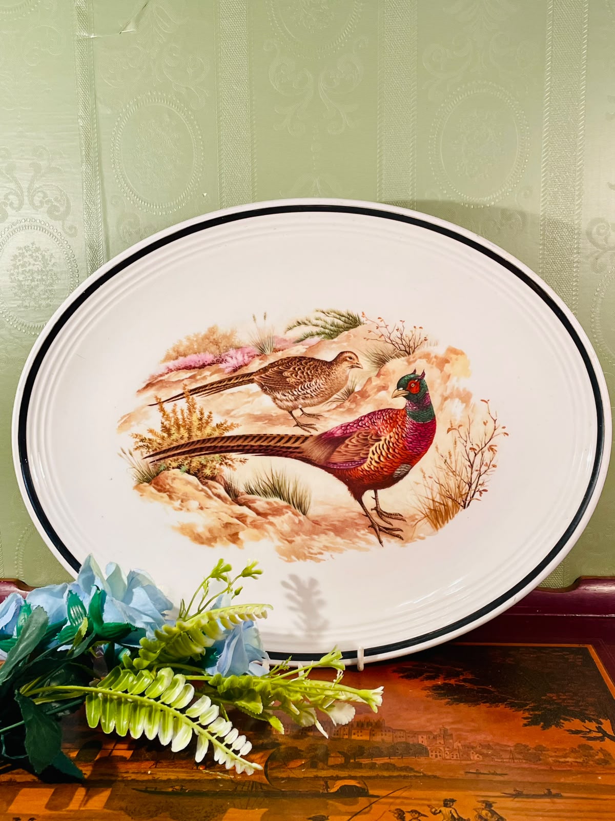 Pheasant Scene Ceramic Serving Platter or Decorative Platter Large 15 Inch