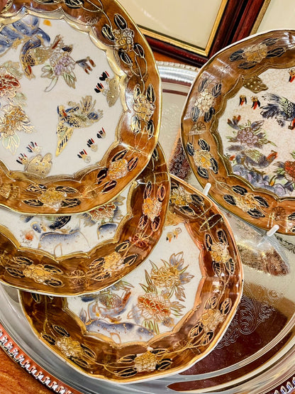 Vintage Gilded Oriental Plate – Hand-Painted Floral & Bird Art Dish