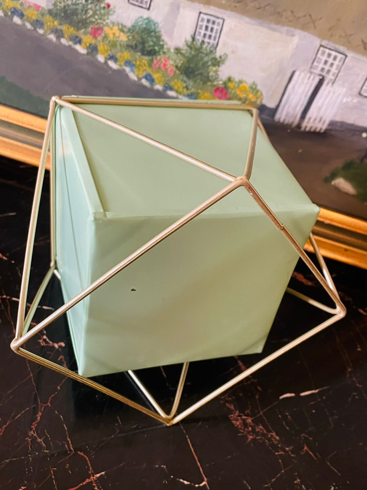Modern Geometric Mint Green Metal Planter with Gold Stand – 7.5 Inch