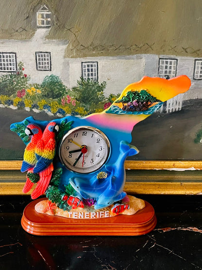 Tenerife souvenir clock, table clock, island decor, Canary Islands gift, tropical home decor, parrot dolphin decor, resin souvenir, travel collectibles, quartz desk clock, colorful table decor, ocean theme decoration, unique souvenir piece, Tenerife gift item, home decor Pakistan, Sunset Kitchen Shop