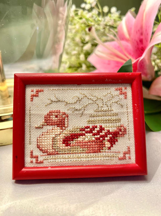 Red Framed Cross-Stitch Sewing Artwork – Approx. 10 cm