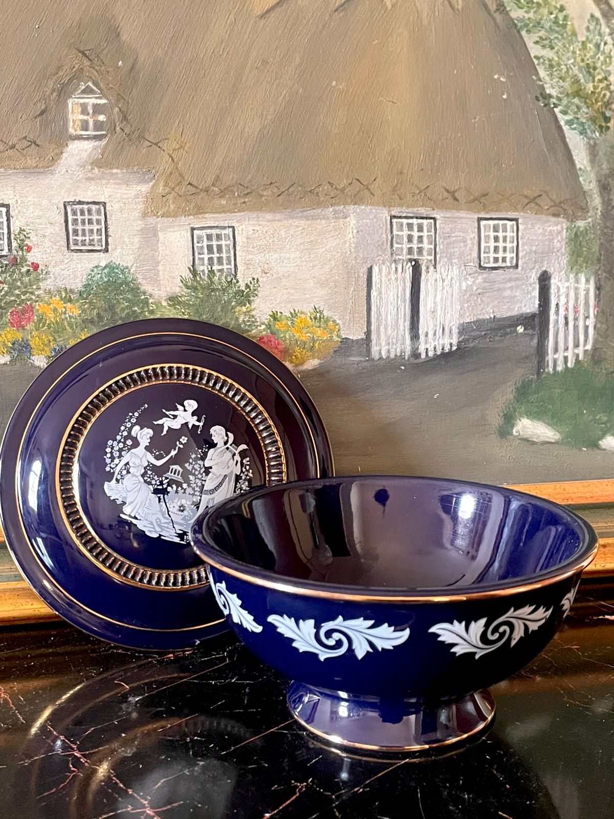 Handmade Italian Fiorentine Cobalt Blue Lidded Bowl – Classical Motif