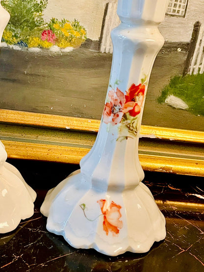 Pair of Vintage Porcelain Floral Candlestick Holders – Hand Painted White & Red Rose Design
