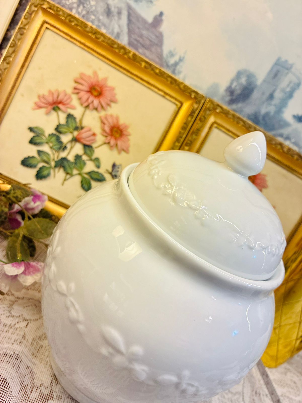 Vintage large White Porcelain Lidded Jar Embossed Floral