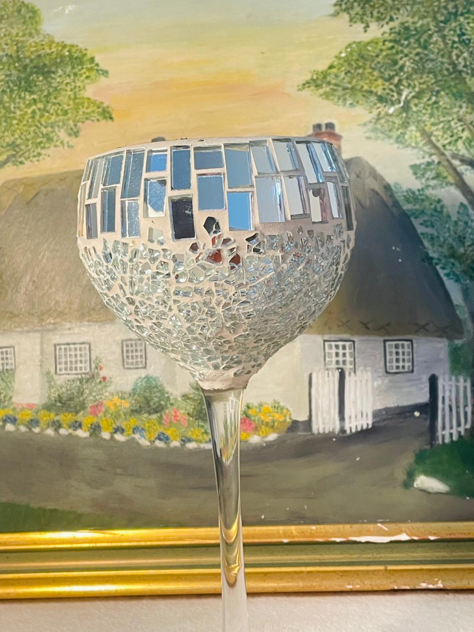 Silvery Goblet Mosaic Glass Candle Holder – Votive Wedding Decor | Elegant Table Cent