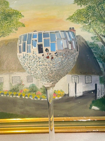 Silvery Goblet Mosaic Glass Candle Holder – Votive Wedding Decor | Elegant Table Cent