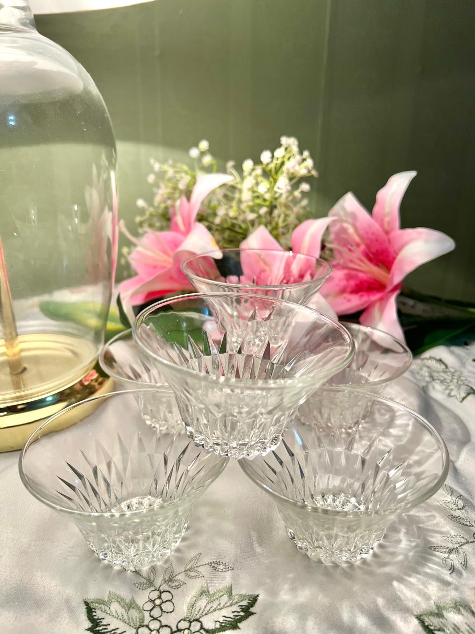 Vintage Clear Crystal Cut Dessert Bowls – 6 pcs