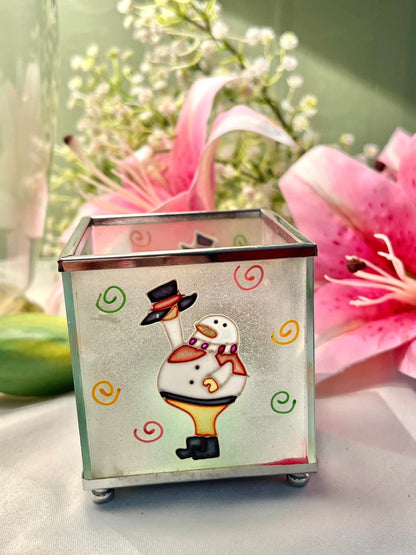 Christmas Fayre Snowman Glass Candle Holder / Votive – Approx. 9 cm